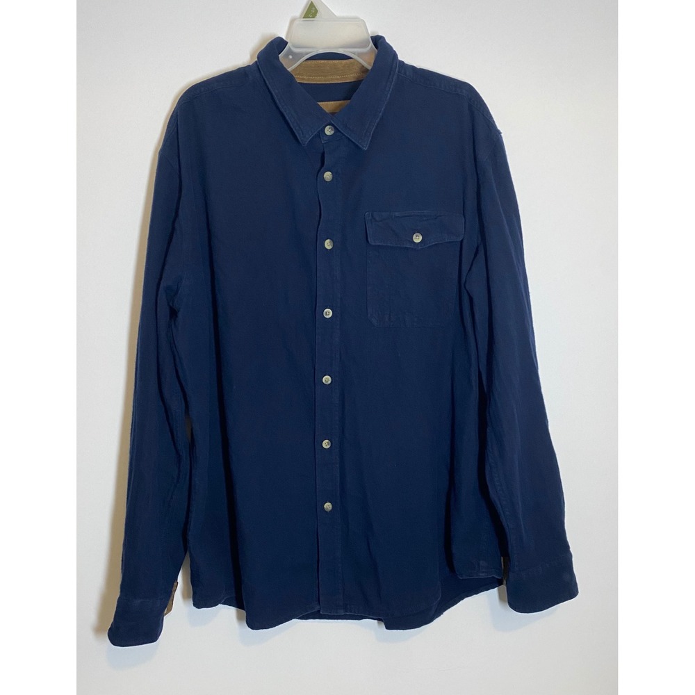 CQR Mens XL Navy Blue Cotton Flannel Shirt Corduroy Trim Long Sleeve Button Down